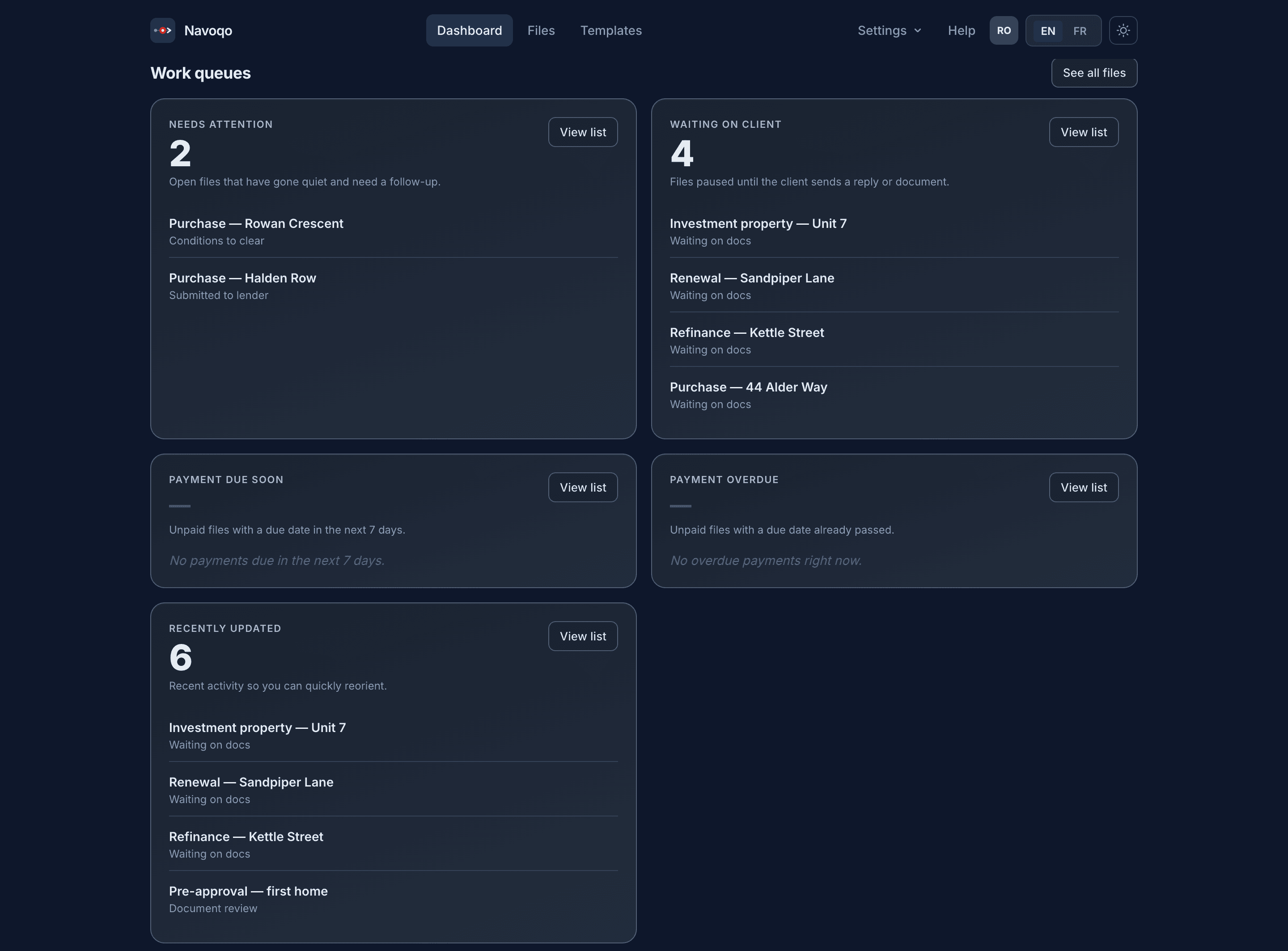 Navoqo dashboard showing active files and payment follow-up context